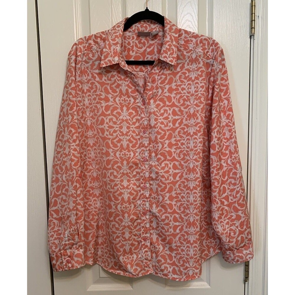 Chicos Size 3 Womens XL Top Peach White Button Front Blouse Long Roll Tab Sleeve